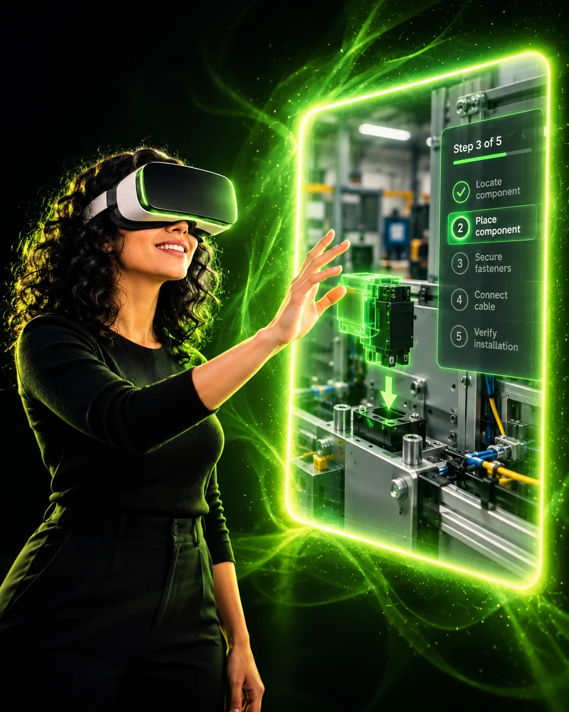 Woman wearing a VR headset, reaching through a neon-green portal to place a component in realistic industrial training equipment.